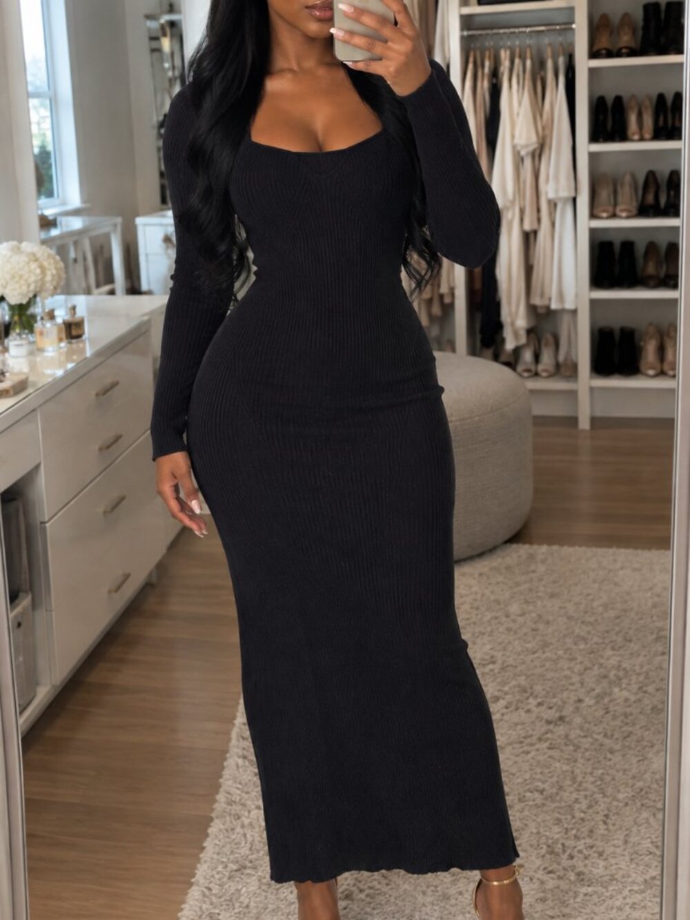 H&M Black Ribbed Long-Sleeve Maxi Dress